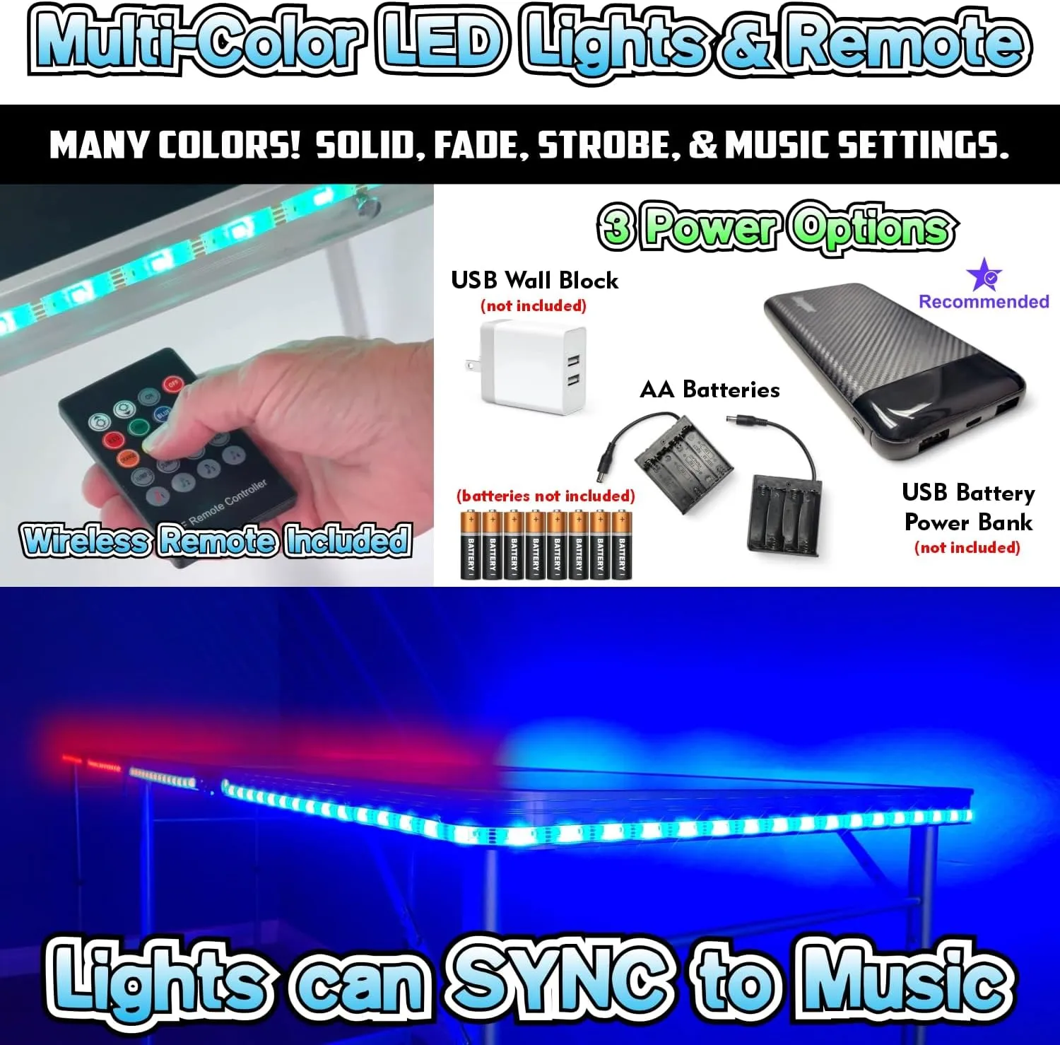 8-Foot Regulation Length Folding Table w/Optional Cup Holes, LED Lights, Custom Graphic (Choose Your Model)
