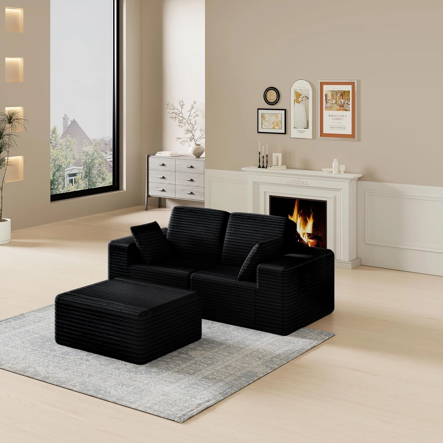 85" Cloud Sectional Couch, Modular L-Shaped Sofa with Ottoman, Memory Foam Boneless Couch, Upholstered Couches for Living Room Bedroom, No Assembly, Plush Corduroy, Black