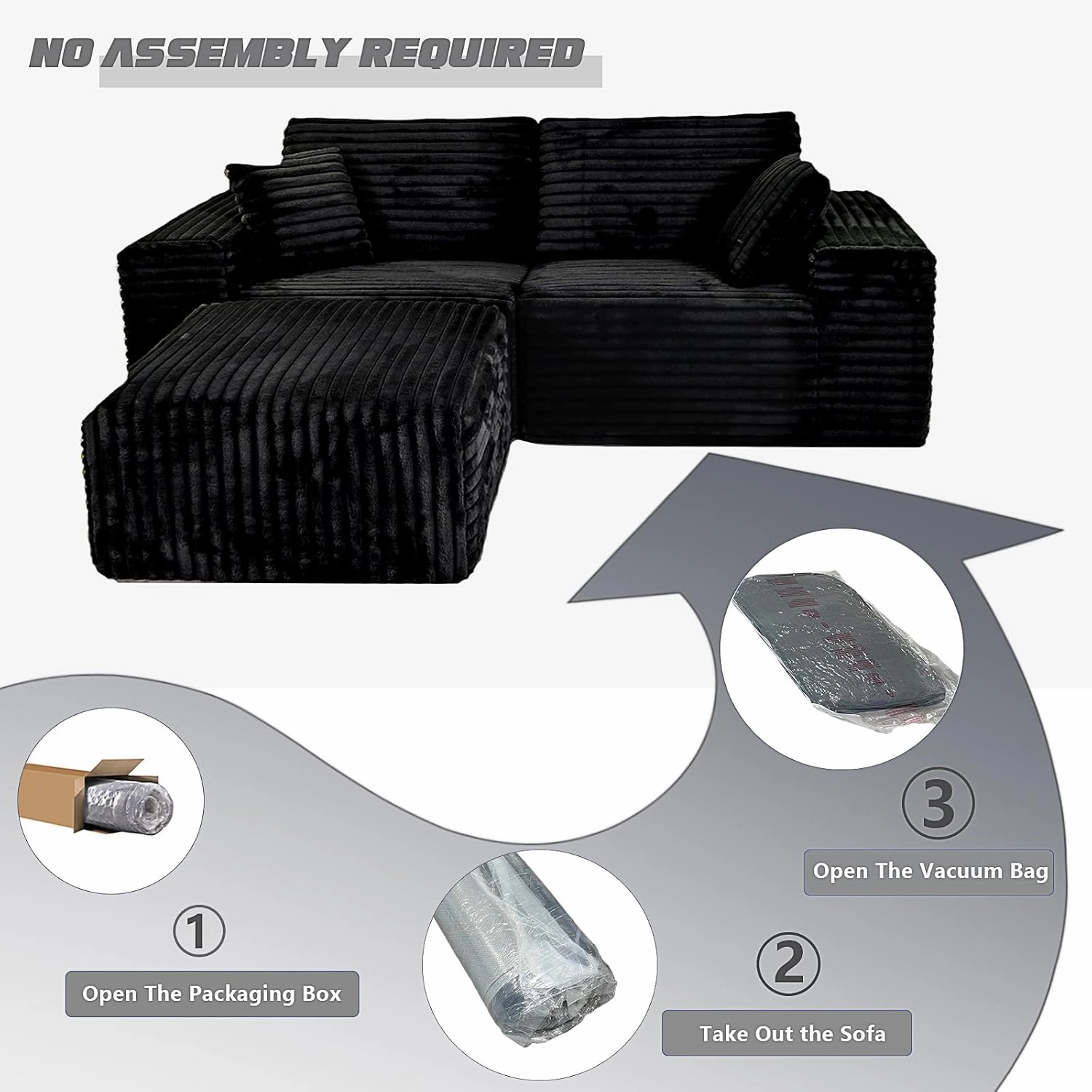 85" Cloud Sectional Couch, Modular L-Shaped Sofa with Ottoman, Memory Foam Boneless Couch, Upholstered Couches for Living Room Bedroom, No Assembly, Plush Corduroy, Black