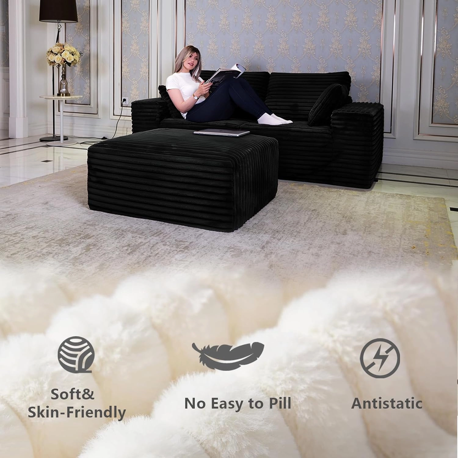 85" Cloud Sectional Couch, Modular L-Shaped Sofa with Ottoman, Memory Foam Boneless Couch, Upholstered Couches for Living Room Bedroom, No Assembly, Plush Corduroy, Black