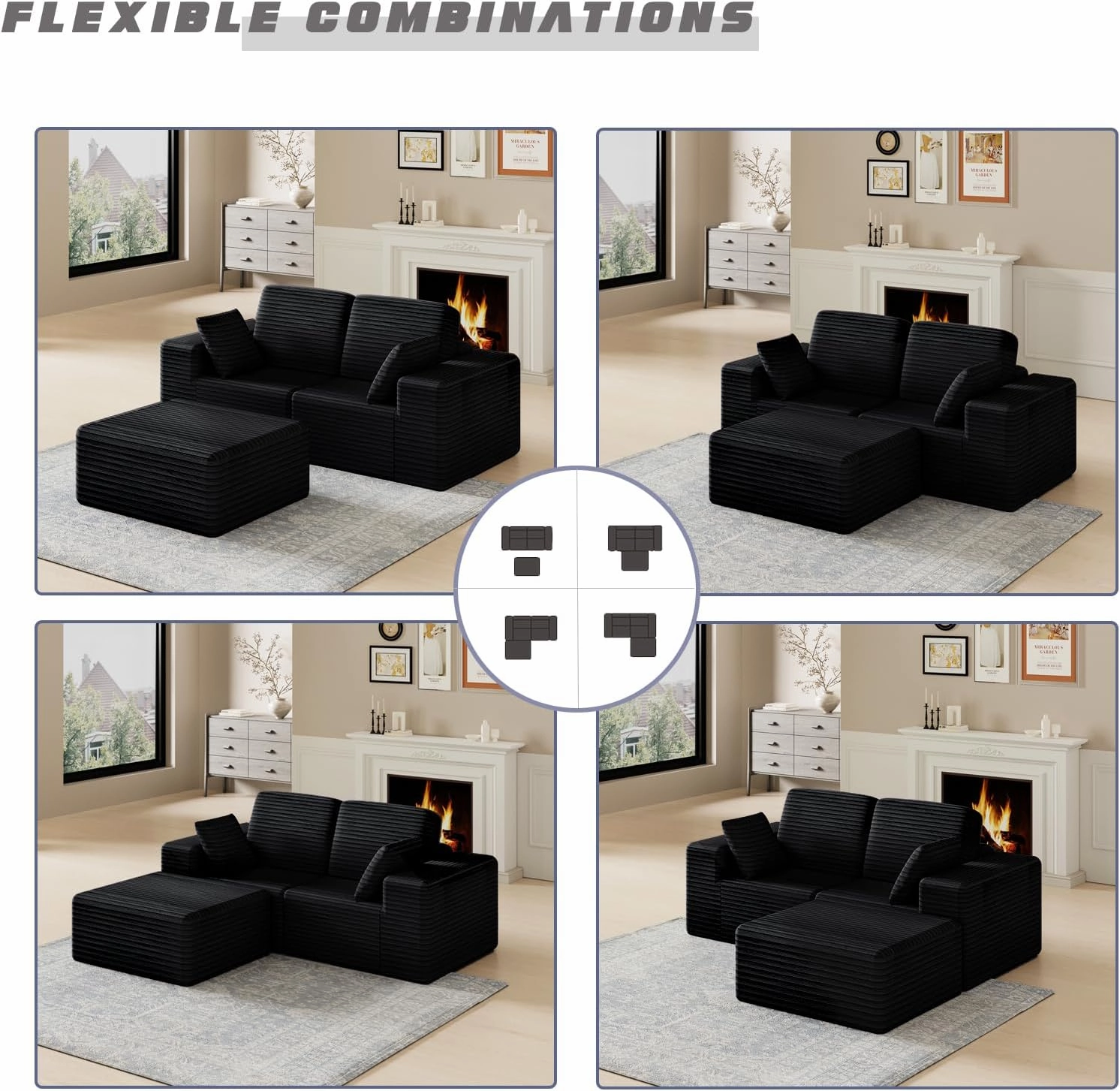 85" Cloud Sectional Couch, Modular L-Shaped Sofa with Ottoman, Memory Foam Boneless Couch, Upholstered Couches for Living Room Bedroom, No Assembly, Plush Corduroy, Black