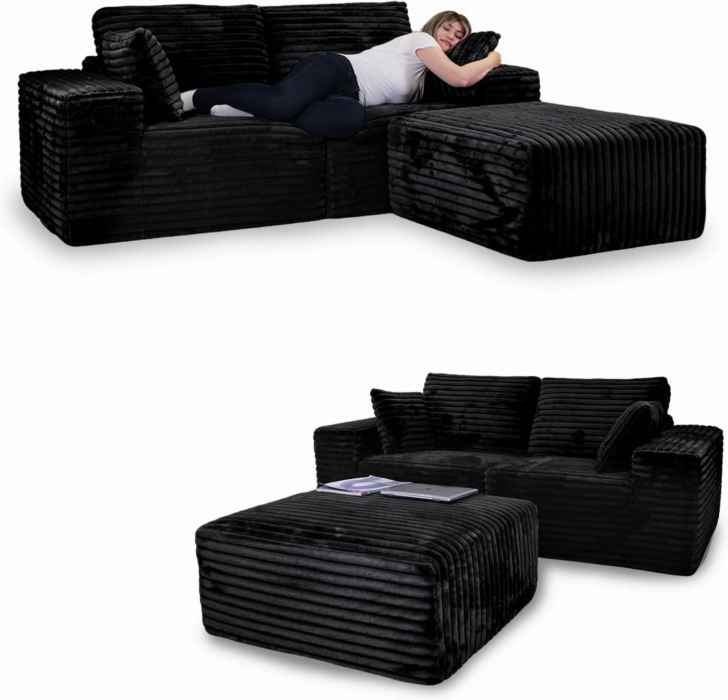 85" Cloud Sectional Couch, Modular L-Shaped Sofa with Ottoman, Memory Foam Boneless Couch, Upholstered Couches for Living Room Bedroom, No Assembly, Plush Corduroy, Black