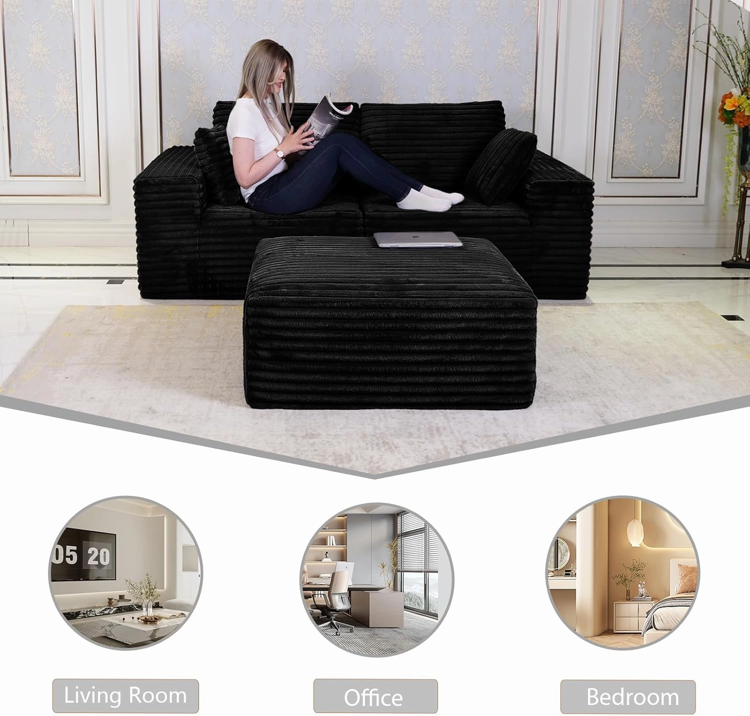 85" Cloud Sectional Couch, Modular L-Shaped Sofa with Ottoman, Memory Foam Boneless Couch, Upholstered Couches for Living Room Bedroom, No Assembly, Plush Corduroy, Black