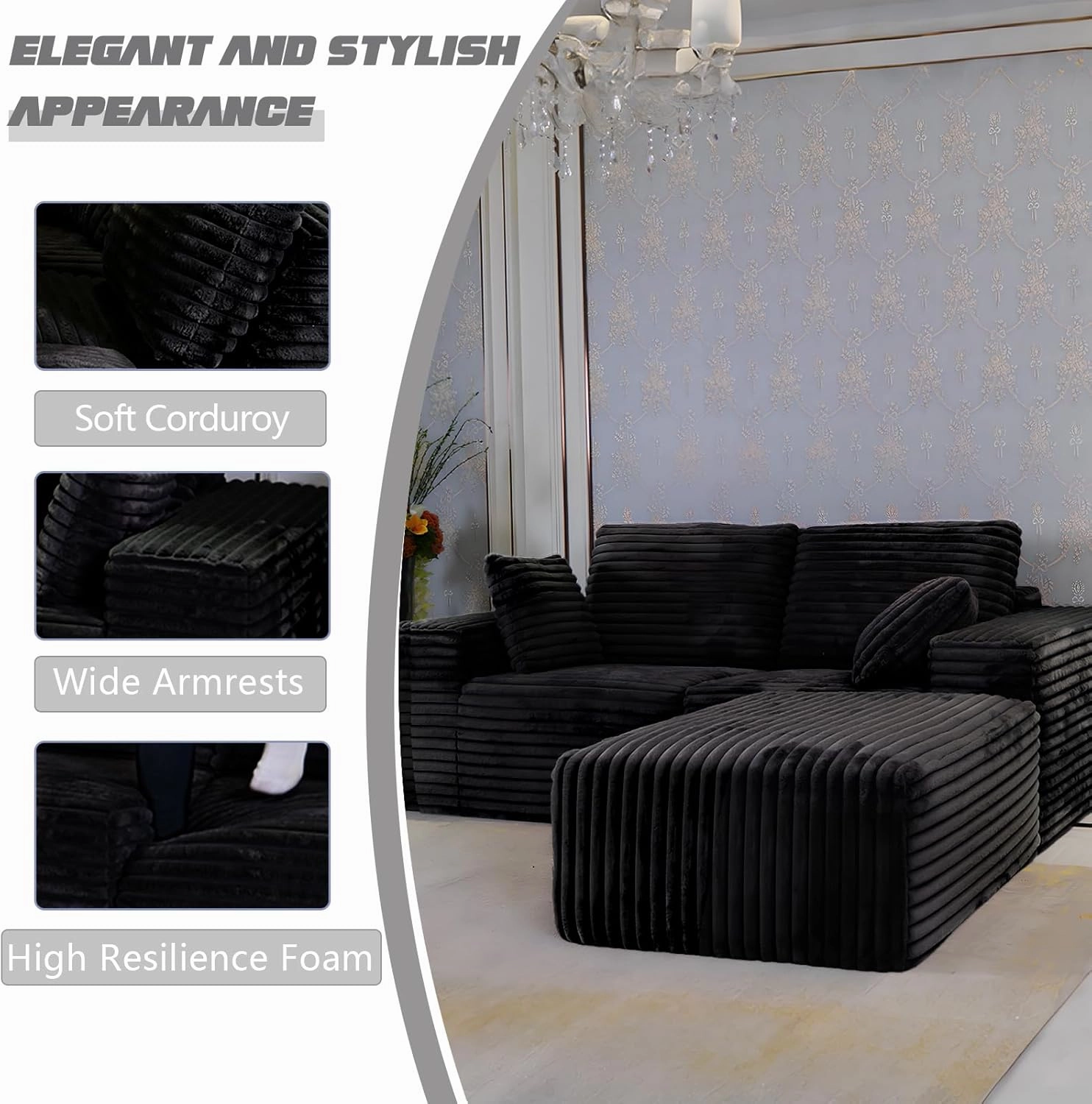 85" Cloud Sectional Couch, Modular L-Shaped Sofa with Ottoman, Memory Foam Boneless Couch, Upholstered Couches for Living Room Bedroom, No Assembly, Plush Corduroy, Black