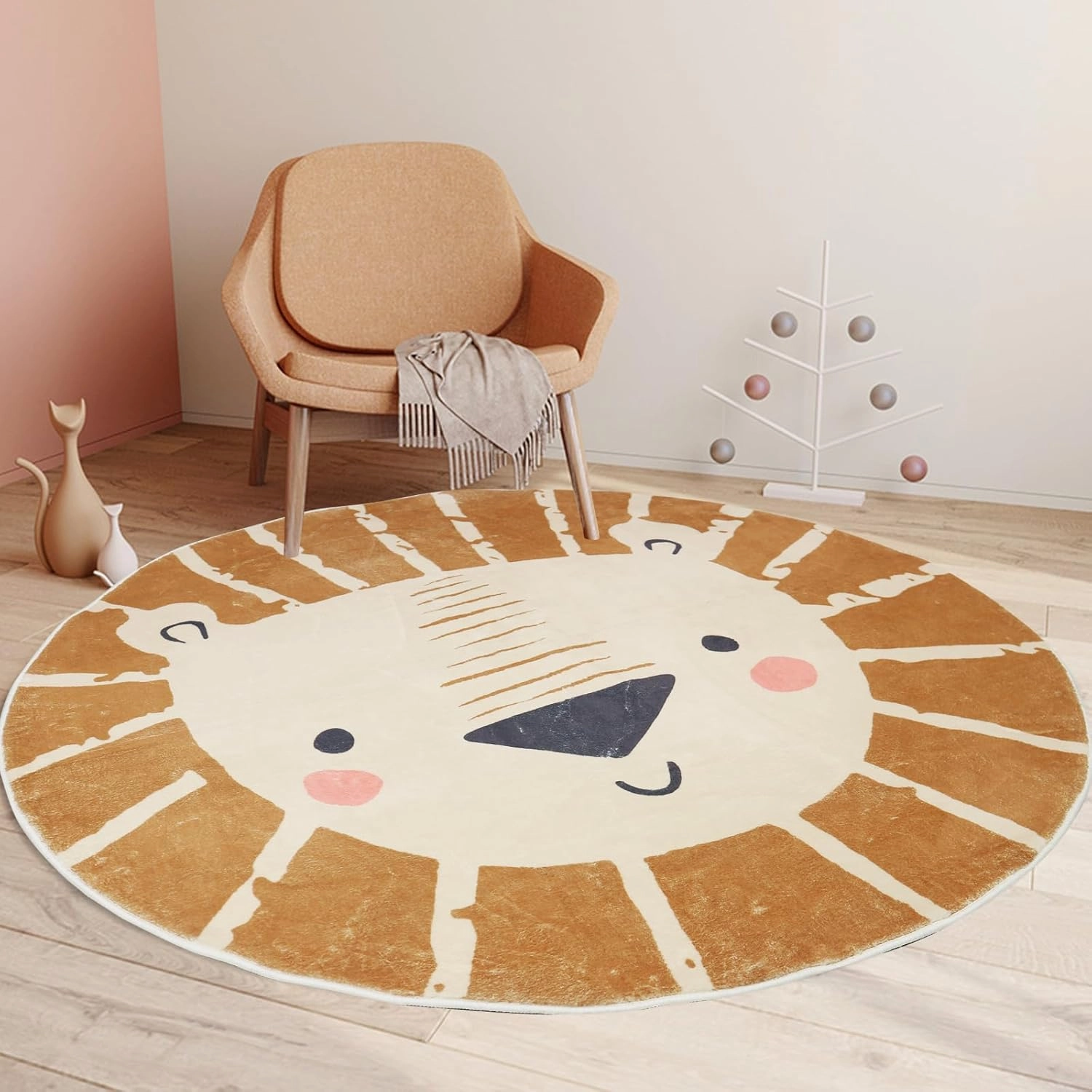 ABREEZE Kids Play Rug 4ft, Lion Round Area Rug Kids Nursery Door Mat Soft Plush Non-Slip Childrens Carpet for Bedroom Living Room Playroom,Brown