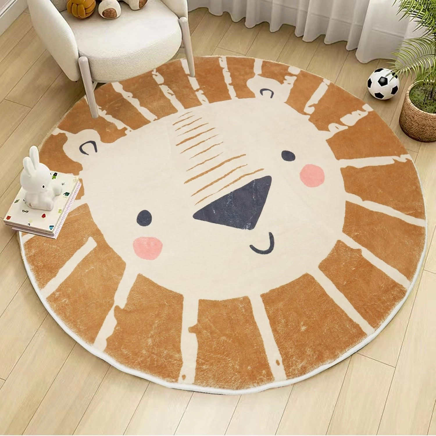 ABREEZE Kids Play Rug 4ft, Lion Round Area Rug Kids Nursery Door Mat Soft Plush Non-Slip Childrens Carpet for Bedroom Living Room Playroom,Brown