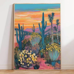 Abstract Cactus Wall Art Desert Landscape Canvas Wall Art Cactus Sunset Picture Desert Plant Poster Desert Botanical Artwork Vintage Desert Prints Desert Pictures Wall Decor for Room 16x24in Unframed