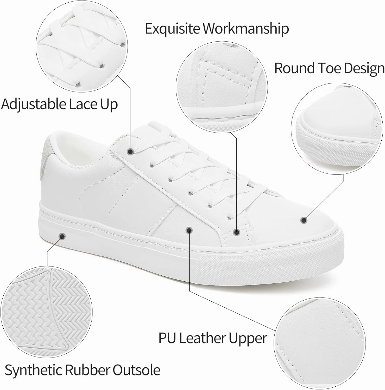 Adokoo Women's Fashion Sneakers PU Leather Casual Shoes White Tennis Low Top Shoes Womens Lace Up Sneakers
