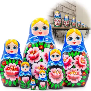AEVVV Matryoshka Nesting Dolls Set of 7 pcs - Russian Doll in Sarafan Dress with Red Rose Decorations - Babushka Nesting Dolls with Hand Painted Red Roses