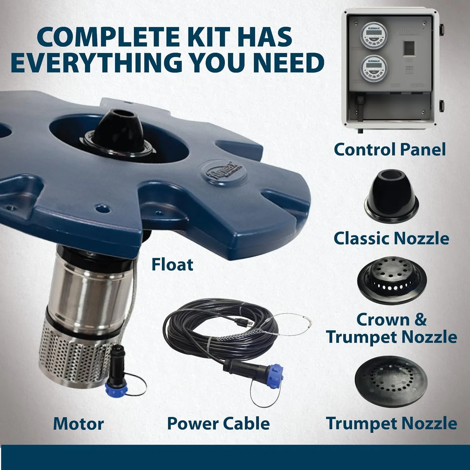 Airmax EcoSeries, Big Pond & Large Lake Floating Fountain Kit, 1/2 Horsepower Oil Free Inline Water Pump, 3 Spray Pattern Nozzles, Float Ring, 115 Volt Outdoor Electric Control Box, 100’ Power Cord