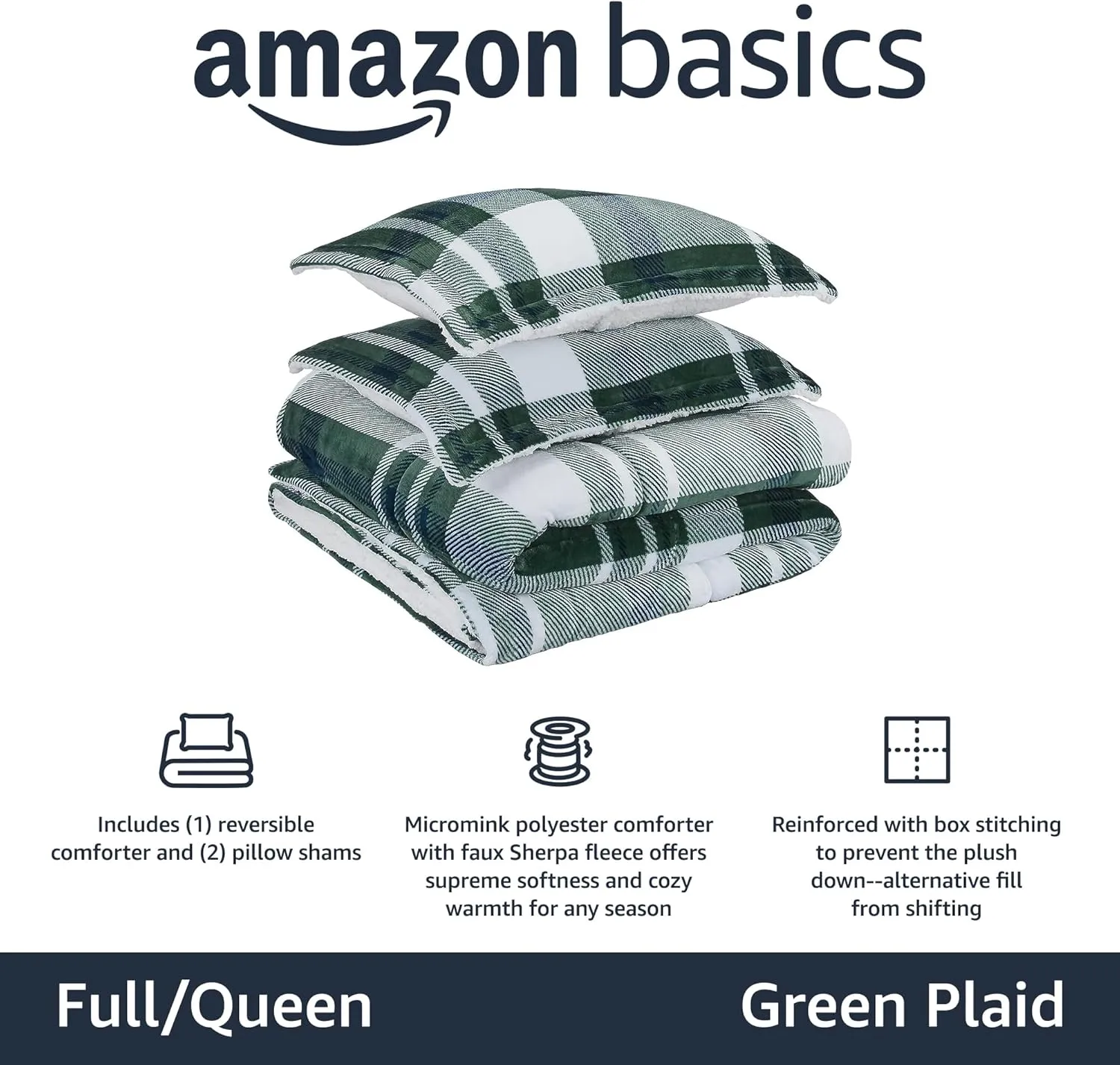 Amazon Basics 3 Piece Bedding Set, Micromink Sherpa, Ultra-Soft, Warm All Season Comforter, Full/Queen, Green Plaid