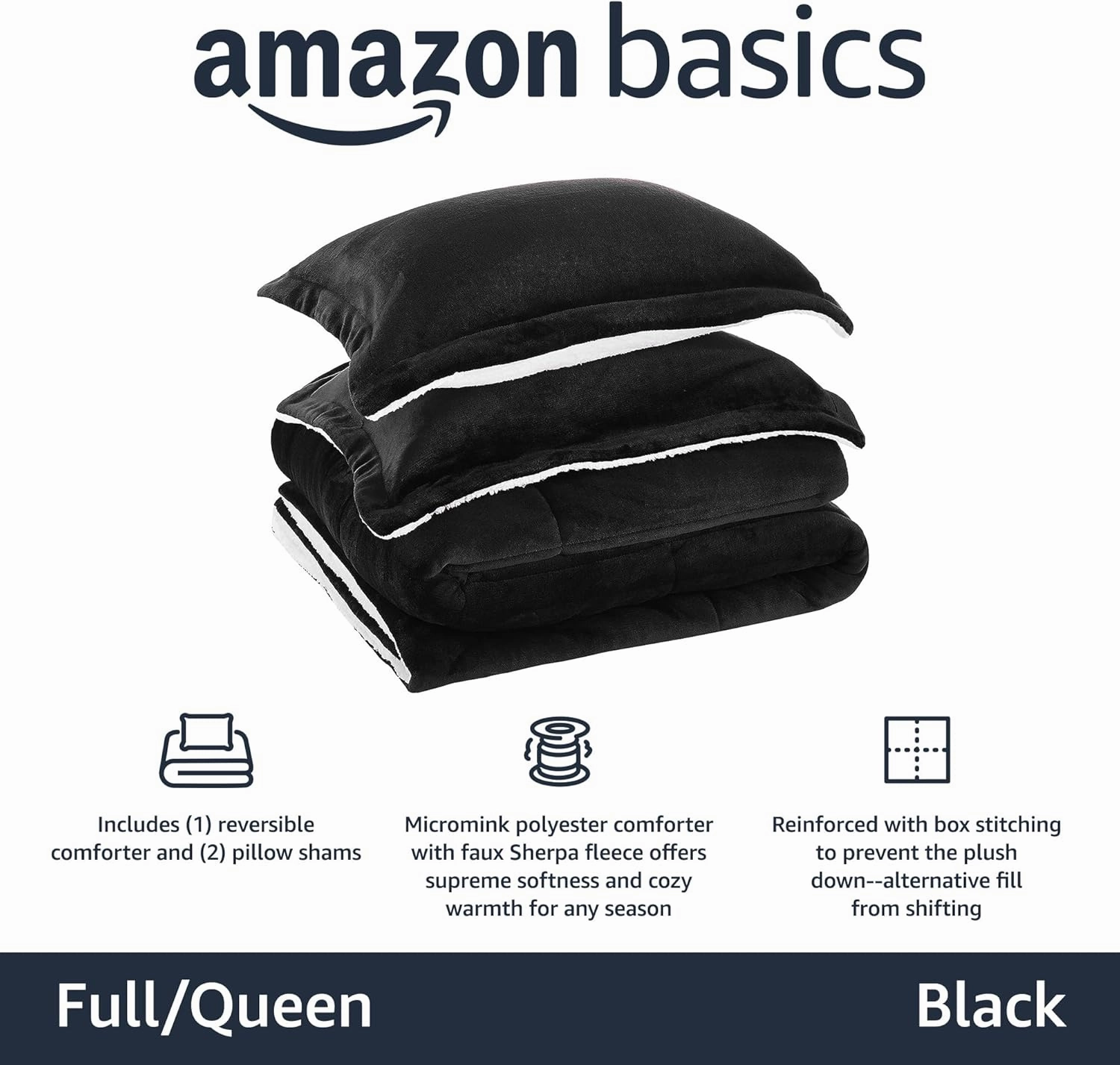 Amazon Basics 3 Piece Bedding Set, Micromink Sherpa, Ultra-Soft, Warm All Season Comforter, Full/Queen, Black, Solid