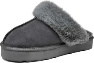 Amber Women's Winter Fur Slippers Genuine Suede Fluffy Faux Fur Memory Foam Cushion, Indoor and Outdoor