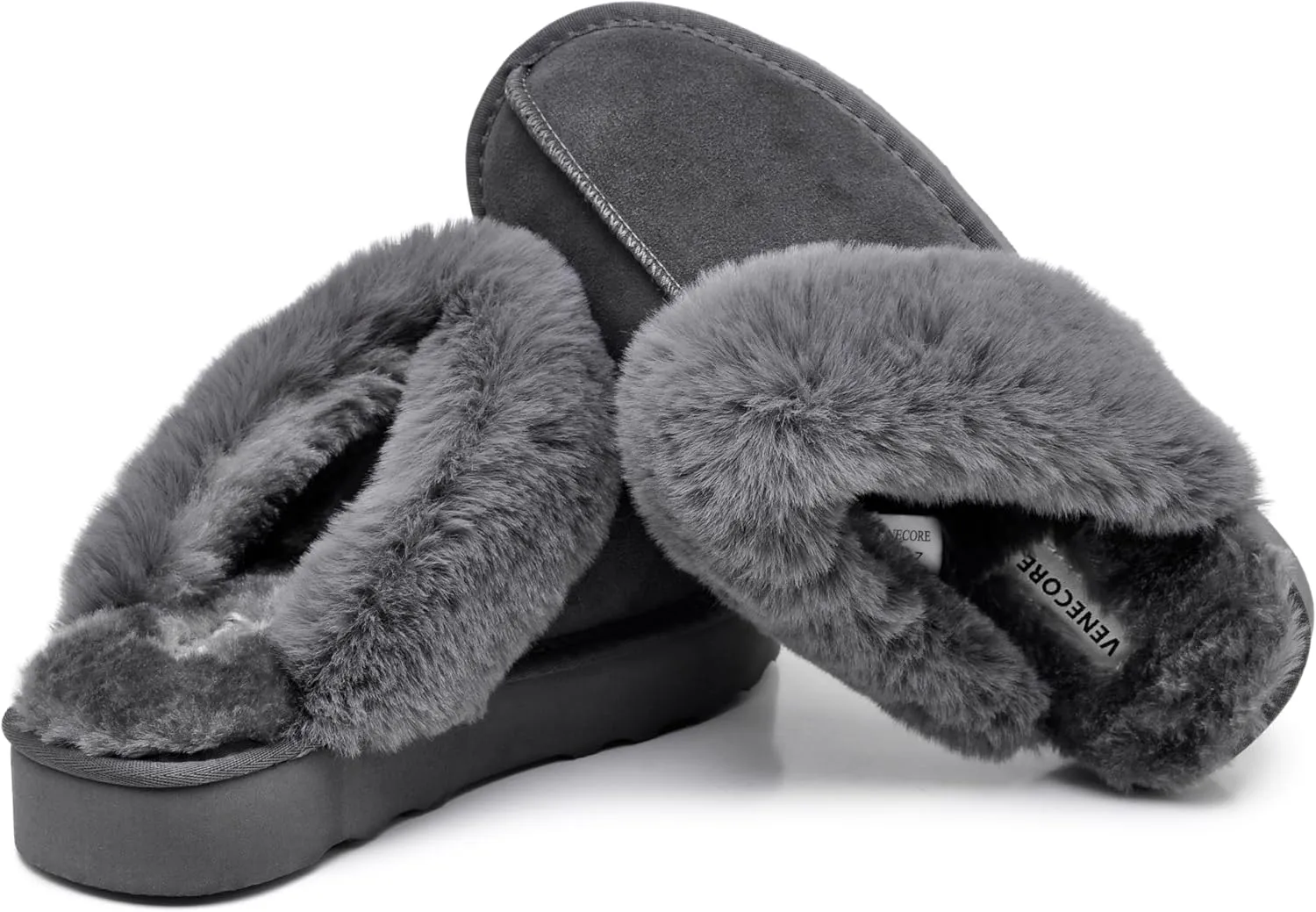 Amber Women's Winter Fur Slippers Genuine Suede Fluffy Faux Fur Memory Foam Cushion, Indoor and Outdoor