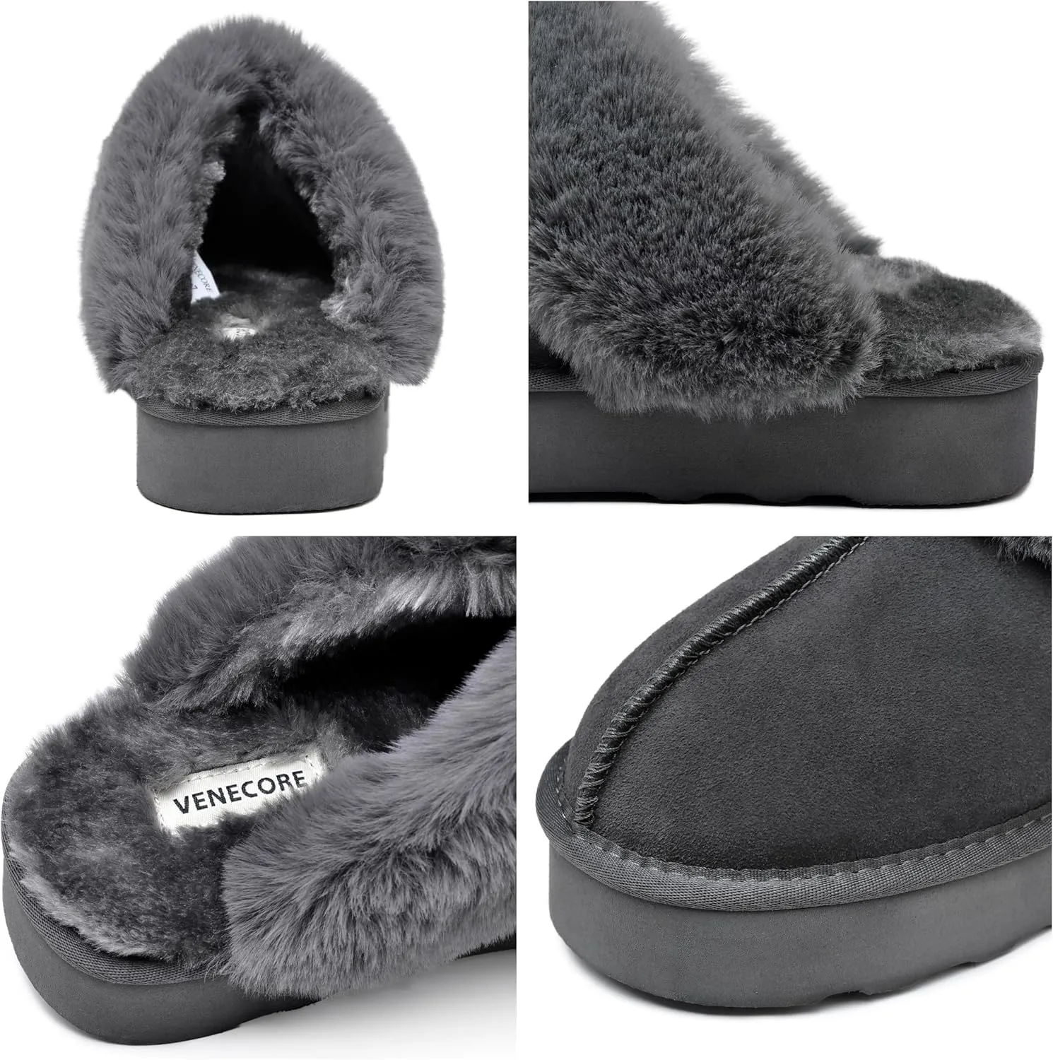 Amber Women's Winter Fur Slippers Genuine Suede Fluffy Faux Fur Memory Foam Cushion, Indoor and Outdoor