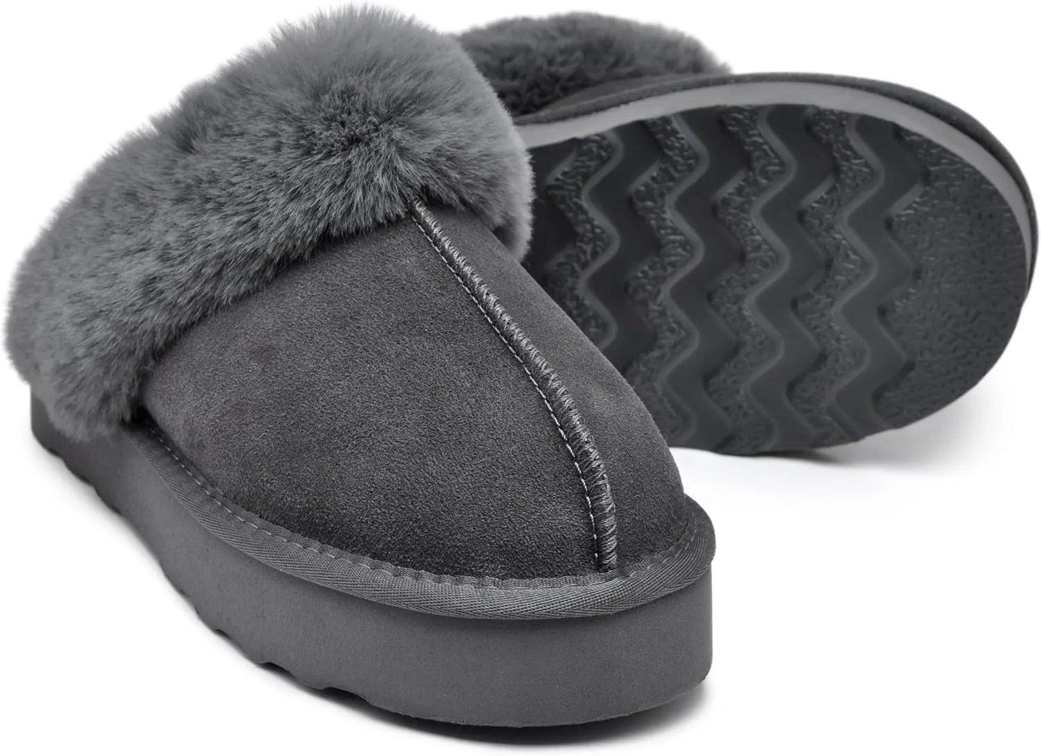 Amber Women's Winter Fur Slippers Genuine Suede Fluffy Faux Fur Memory Foam Cushion, Indoor and Outdoor