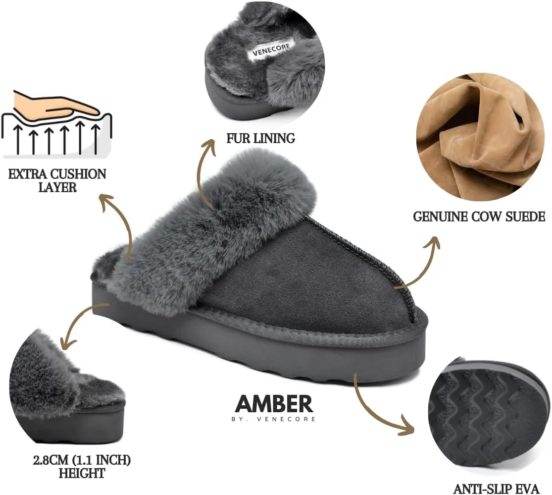 Amber Women's Winter Fur Slippers Genuine Suede Fluffy Faux Fur Memory Foam Cushion, Indoor and Outdoor