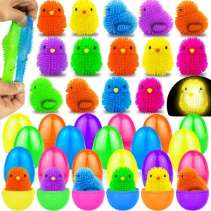 AMENON 24 Pack Prefilled Easter Eggs with Chick LED Puffer Balls,Light Up Stress Relief Fidget Toys Squeeze Sensory Ball for Kids Boys Girls Easter Basket Stuffers Egg Hunt Party Favor Gift