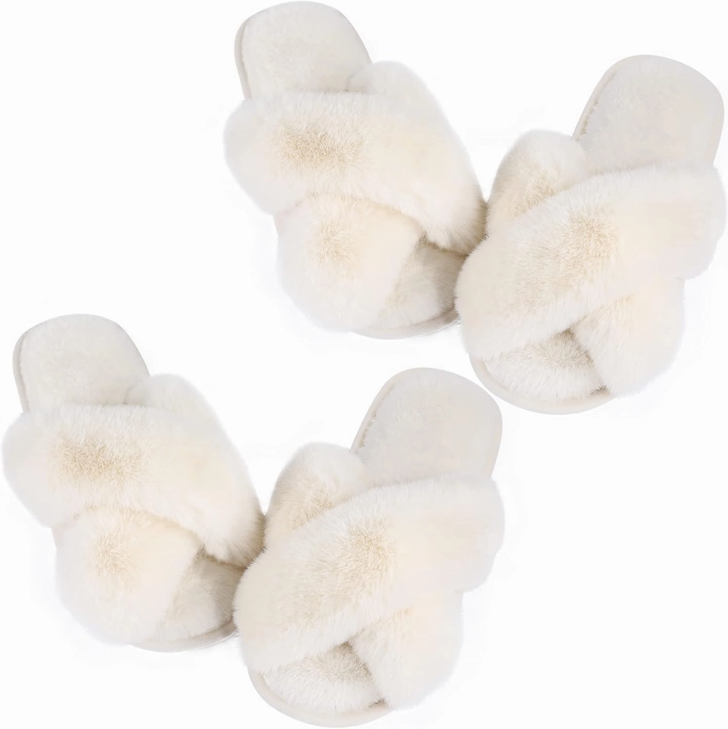 Ankis Women's Plush Slippers with Cross Band, Warm Slippers, 2 Pairs of Memory Foam and Open Toe, Fluffy Slippers for Indoor and Outdoor Use (White, Black, Grey, Pink, Camel)