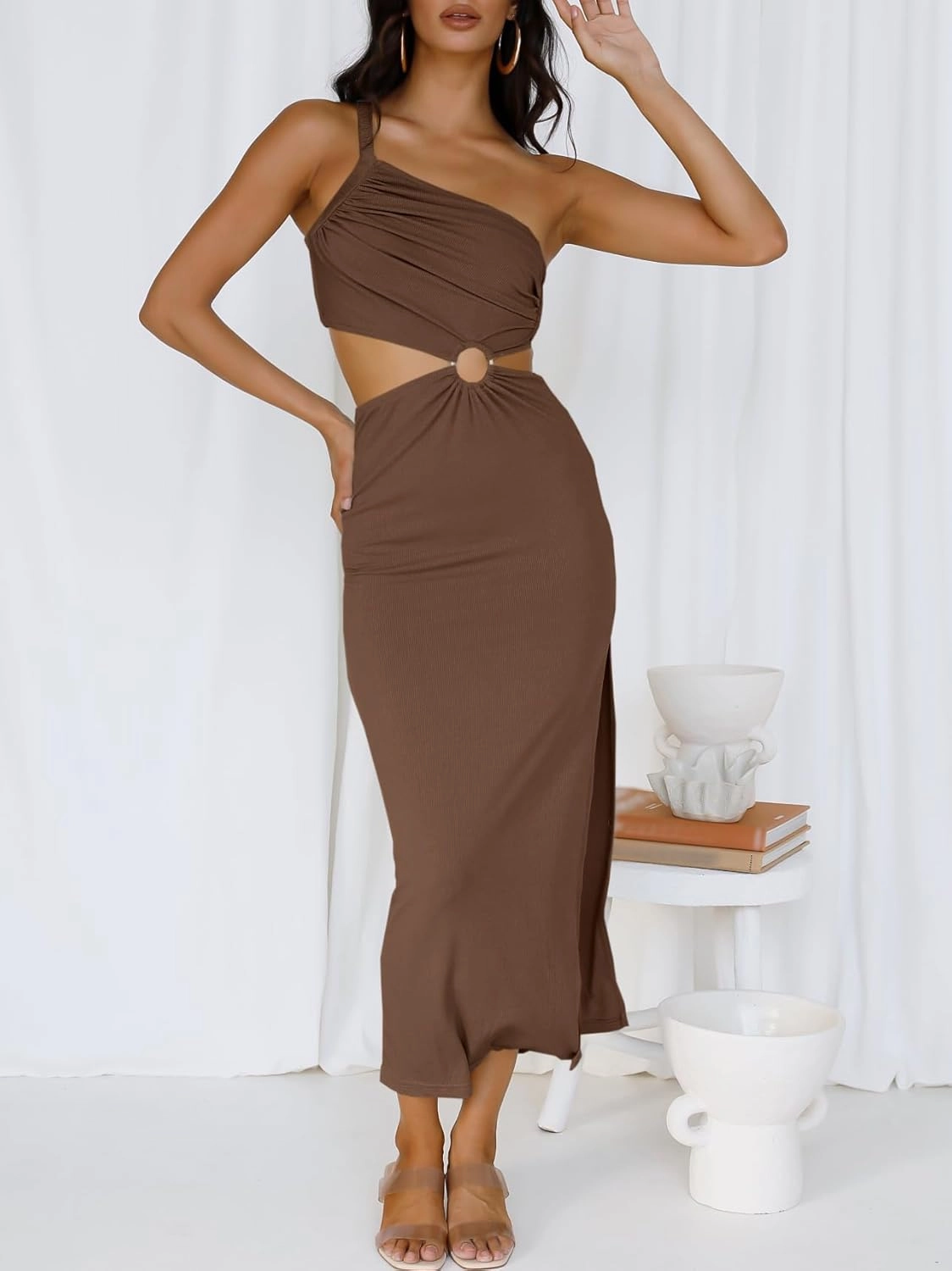 ANRABESS Women Summer One Shoulder Sleeveless Maxi Dress Cutout Sexy Bodycon Semi Formal Dinner Date Vacation Dresses