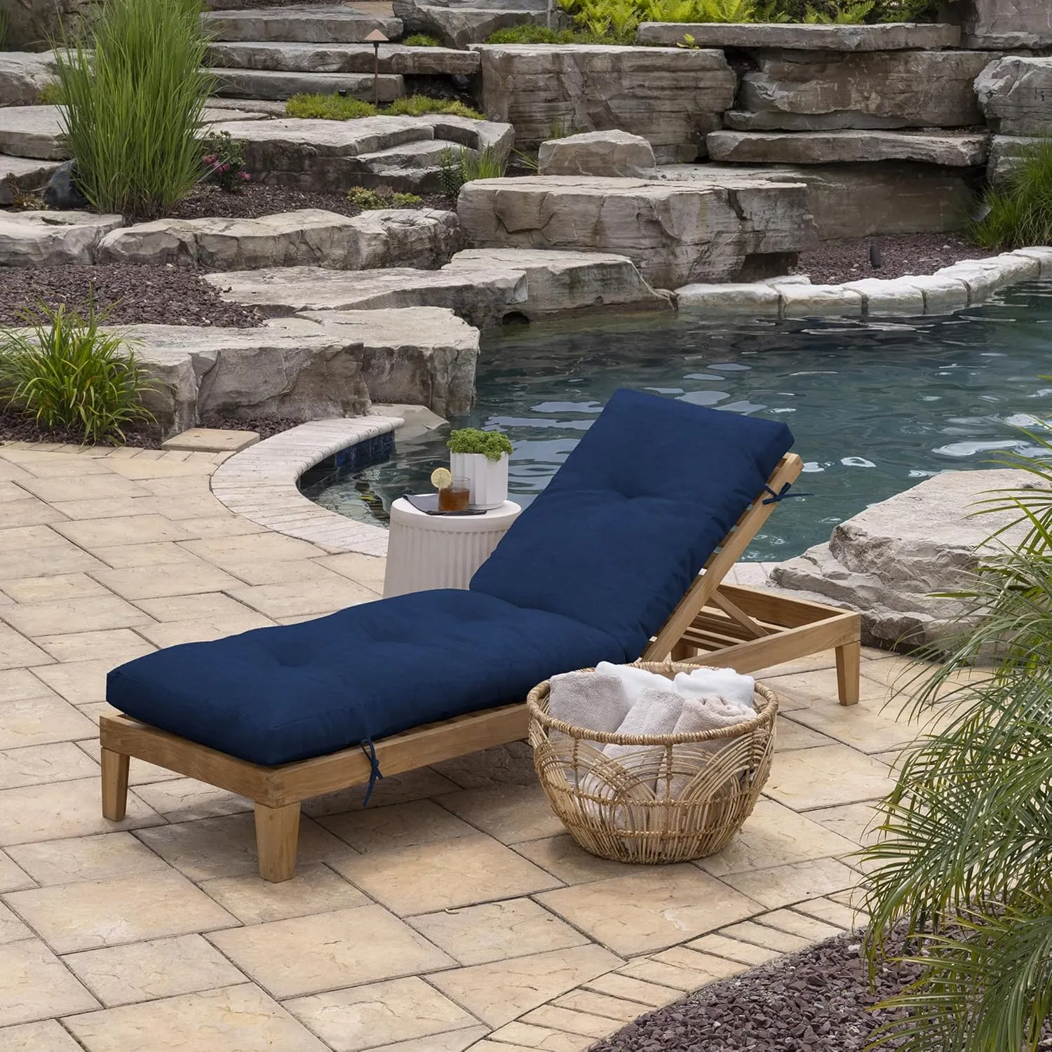Arden Selections Outdoor Plush Modern Tufted Chaise Cushion, 76 x 22, Water Repellent, Fade Resistant, Tufted Cushion for Chaise Lounger 76 x 22, Sapphire Blue Leala
