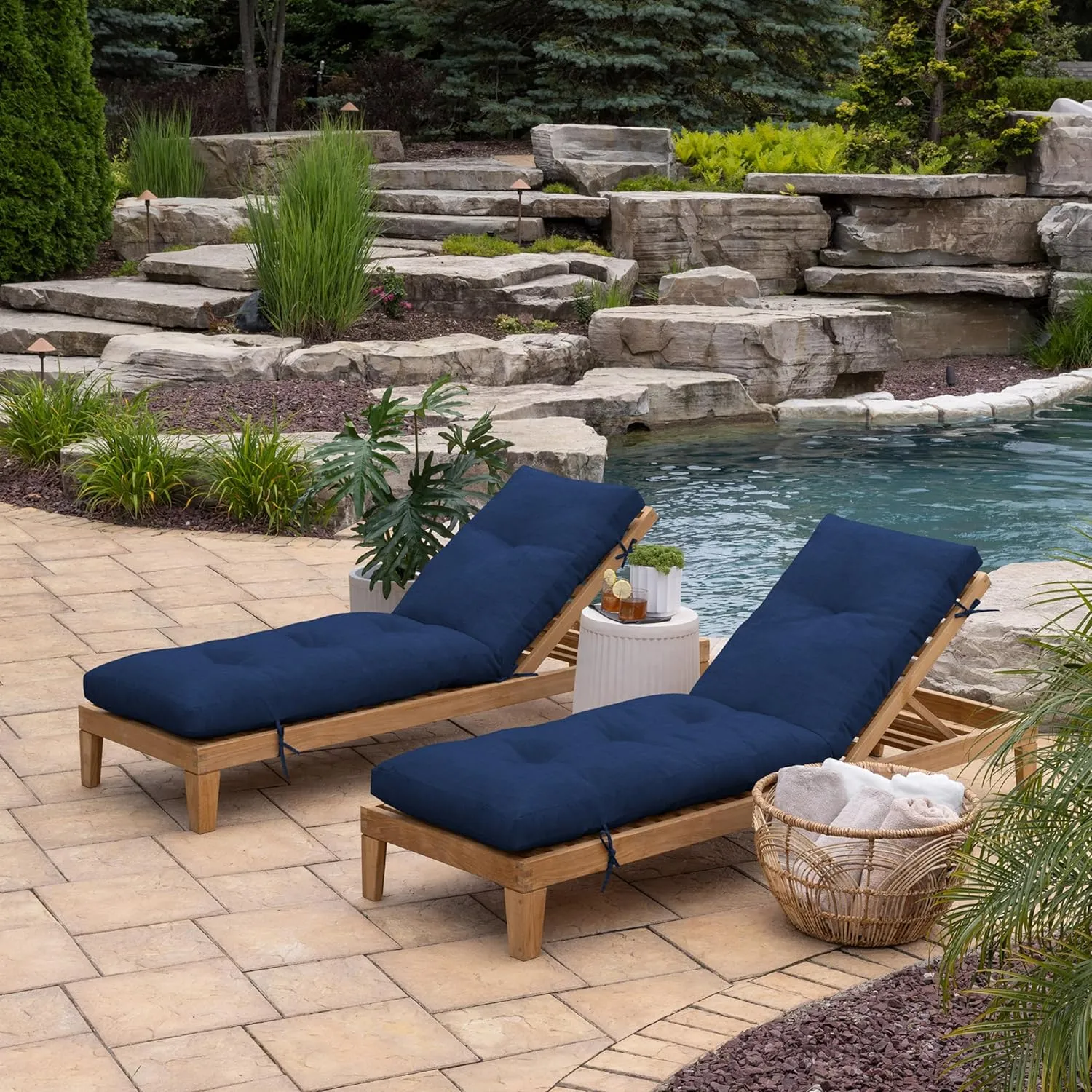 Arden Selections Outdoor Plush Modern Tufted Chaise Cushion, 76 x 22, Water Repellent, Fade Resistant, Tufted Cushion for Chaise Lounger 76 x 22, Sapphire Blue Leala
