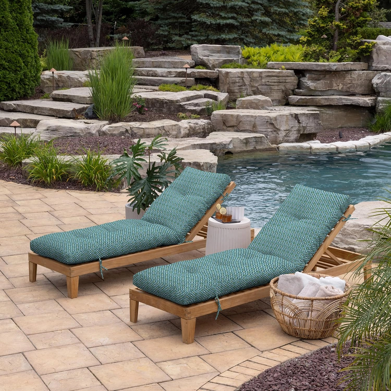 Arden Selections Outdoor Plush Modern Tufted Chaise Cushion, 76 x 22, Water Repellent, Fade Resistant, Tufted Cushion for Chaise Lounger 76 x 22, Alana Tile