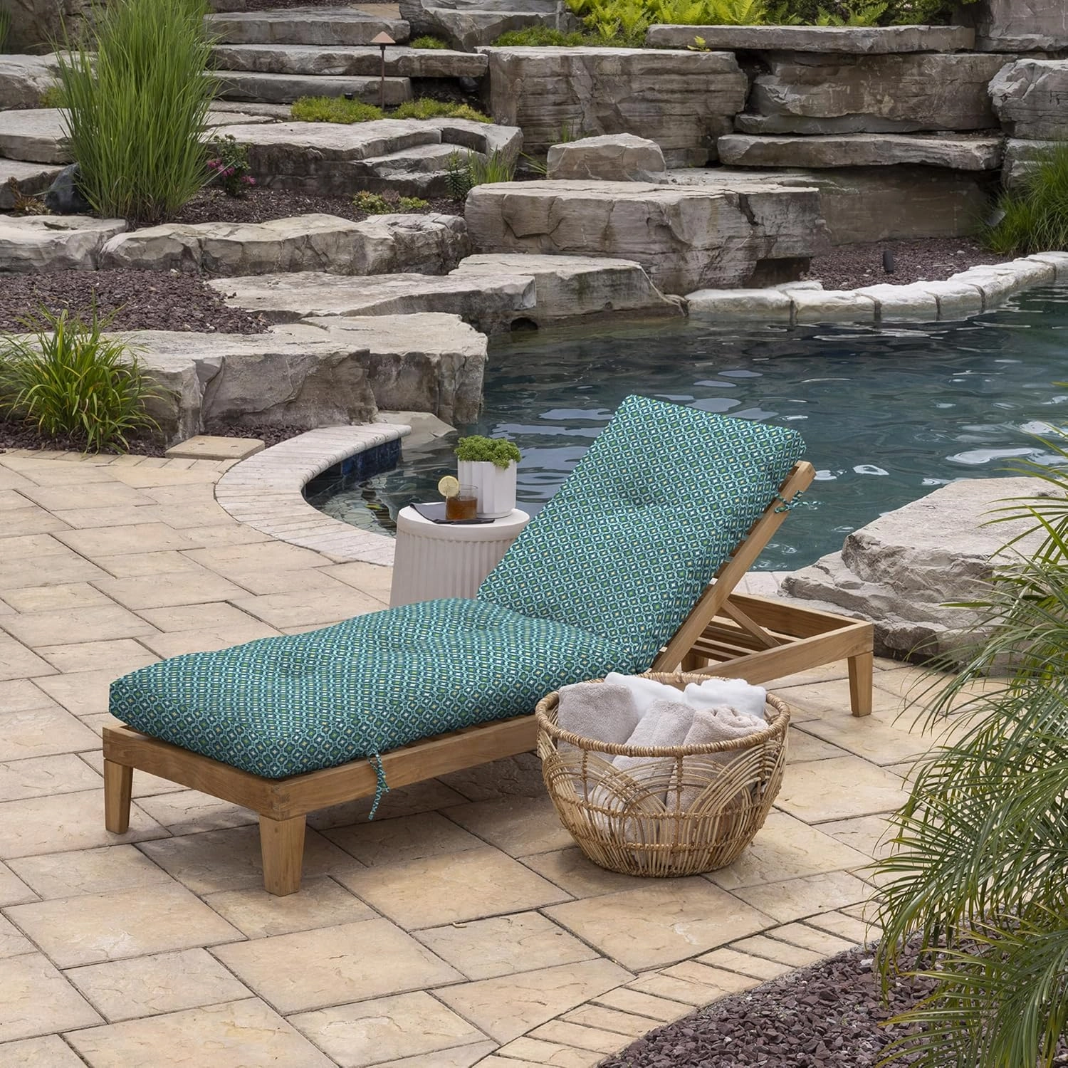 Arden Selections Outdoor Plush Modern Tufted Chaise Cushion, 76 x 22, Water Repellent, Fade Resistant, Tufted Cushion for Chaise Lounger 76 x 22, Alana Tile