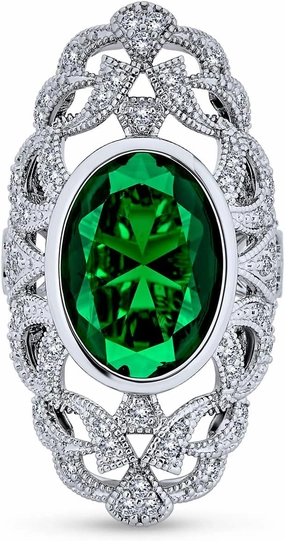 Art Deco Antique Boho Vintage Style Black White Blue Green Filigree Pave CZ Wide Heart Long Full Finger Fashion Statement Ring Cubic Zirconia For Women Rhodium Silver Plated Brass