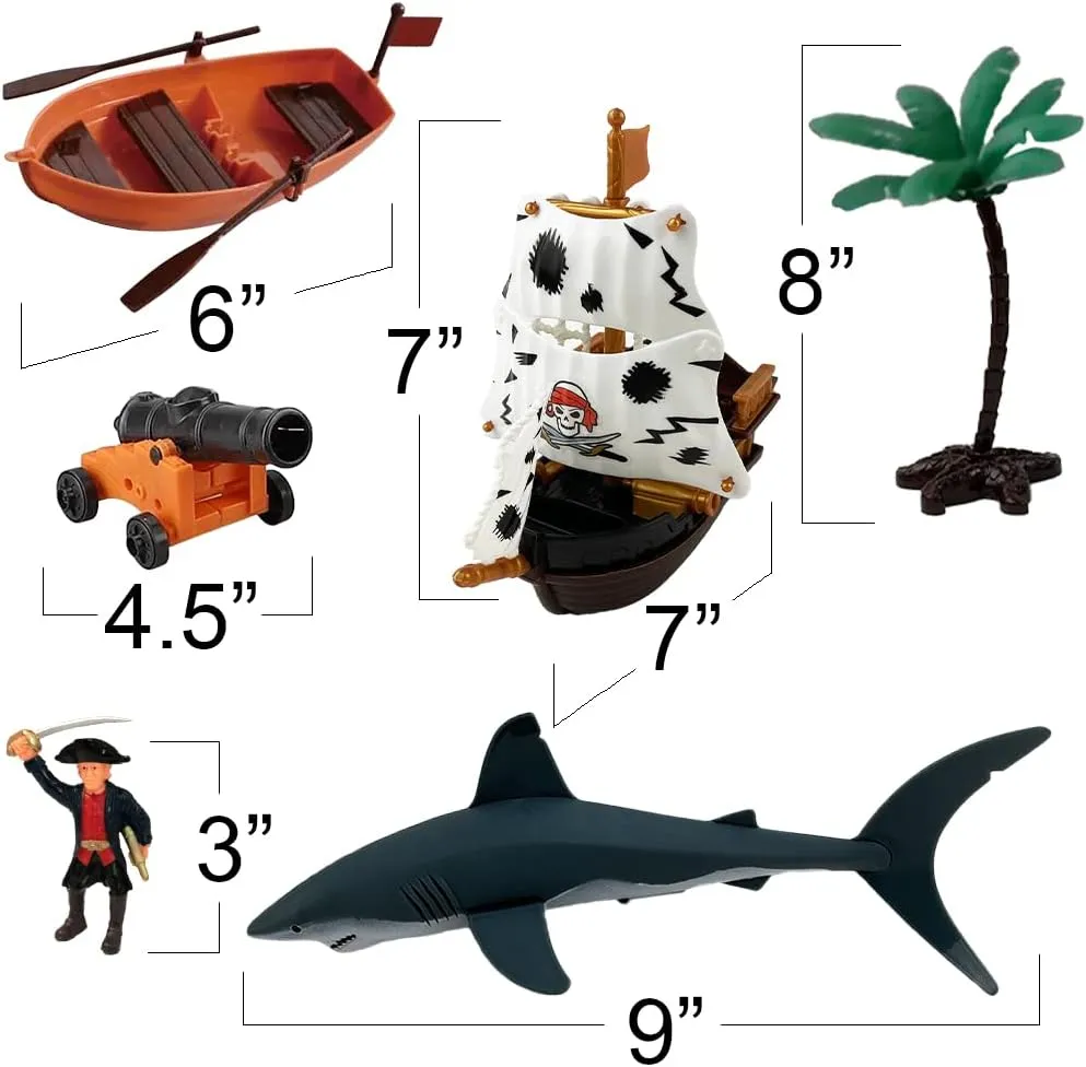ArtCreativity Pirate Action Figure Playset, Pirate Play Set with Action Figurines, Storage Box, Pirate Ship Toy, Shark, Treasure Chests, & More, Pirate Party Decorations, Cake Toppers, & Gifts