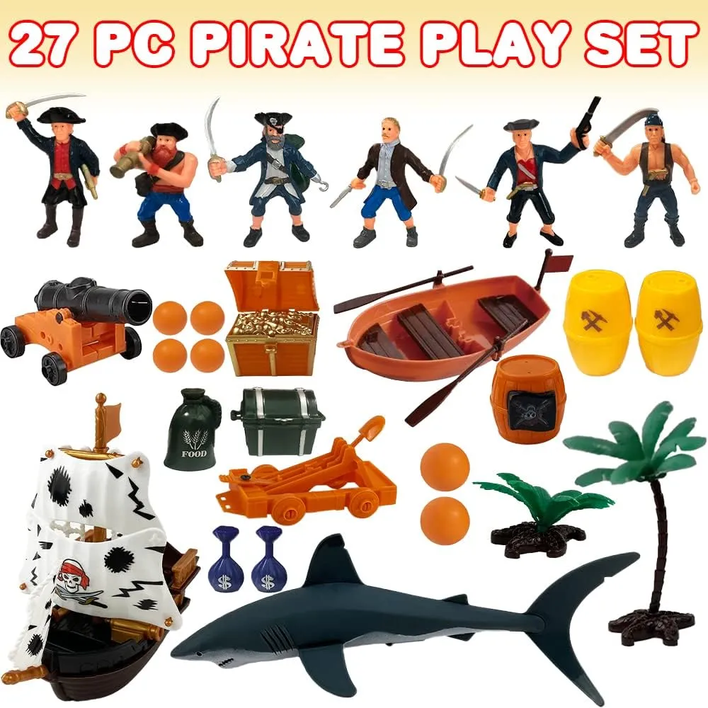 ArtCreativity Pirate Action Figure Playset, Pirate Play Set with Action Figurines, Storage Box, Pirate Ship Toy, Shark, Treasure Chests, & More, Pirate Party Decorations, Cake Toppers, & Gifts