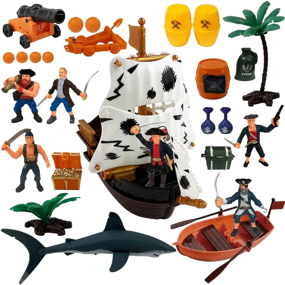ArtCreativity Pirate Action Figure Playset, Pirate Play Set with Action Figurines, Storage Box, Pirate Ship Toy, Shark, Treasure Chests, & More, Pirate Party Decorations, Cake Toppers, & Gifts