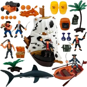 ArtCreativity Pirate Action Figure Playset, Pirate Play Set with Action Figurines, Storage Box, Pirate Ship Toy, Shark, Treasure Chests, & More, Pirate Party Decorations, Cake Toppers, & Gifts