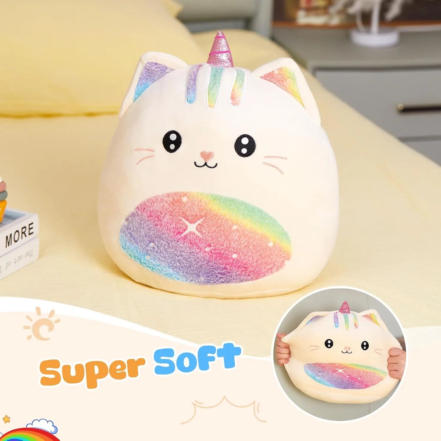 Athionsu 14-Inch Unicorn Cat Plush Pillow Soft and Cuddly Stuffed Animal Toy for Toddler Girls and Boys, Cute Rainbow Belly Plush Gift (CAT)