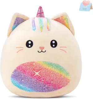 Athionsu 14-Inch Unicorn Cat Plush Pillow Soft and Cuddly Stuffed Animal Toy for Toddler Girls and Boys, Cute Rainbow Belly Plush Gift (CAT)