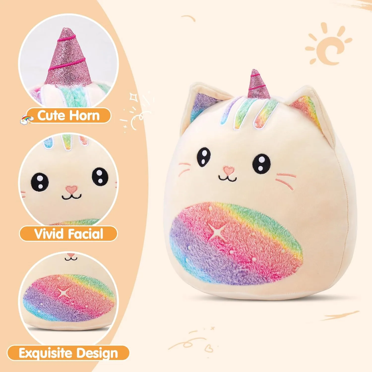Athionsu 14-Inch Unicorn Cat Plush Pillow Soft and Cuddly Stuffed Animal Toy for Toddler Girls and Boys, Cute Rainbow Belly Plush Gift (CAT)