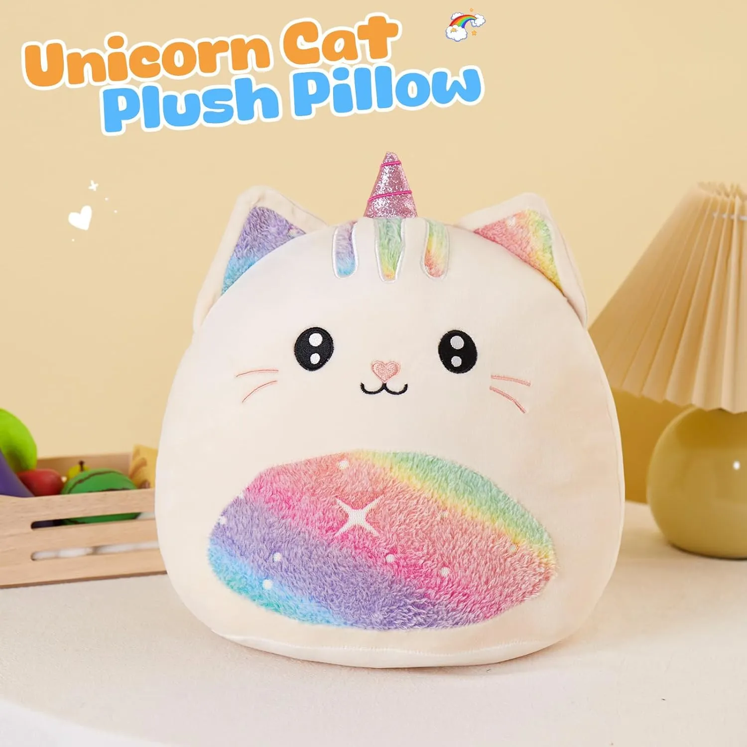 Athionsu 14-Inch Unicorn Cat Plush Pillow Soft and Cuddly Stuffed Animal Toy for Toddler Girls and Boys, Cute Rainbow Belly Plush Gift (CAT)