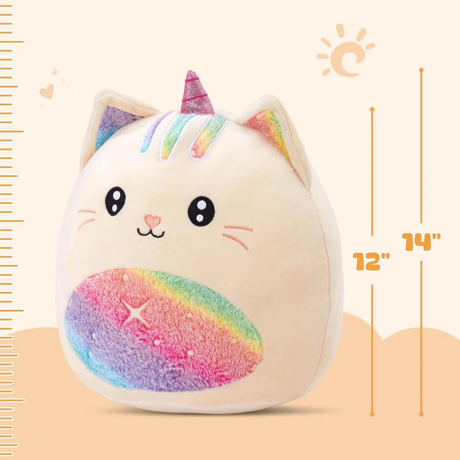 Athionsu 14-Inch Unicorn Cat Plush Pillow Soft and Cuddly Stuffed Animal Toy for Toddler Girls and Boys, Cute Rainbow Belly Plush Gift (CAT)