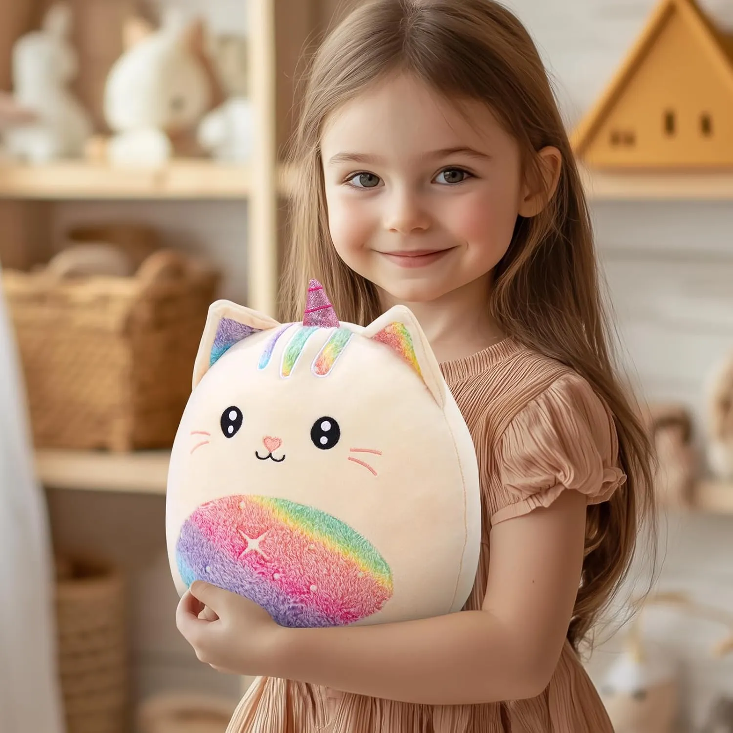 Athionsu 14-Inch Unicorn Cat Plush Pillow Soft and Cuddly Stuffed Animal Toy for Toddler Girls and Boys, Cute Rainbow Belly Plush Gift (CAT)