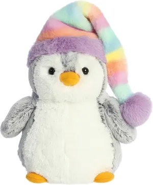 Aurora® Festive Pompom Penguin™ Pom Pom Rainbow Hat™ Stuffed Animal - Vibrant Companions - Endless Fun - Gray 9 Inches