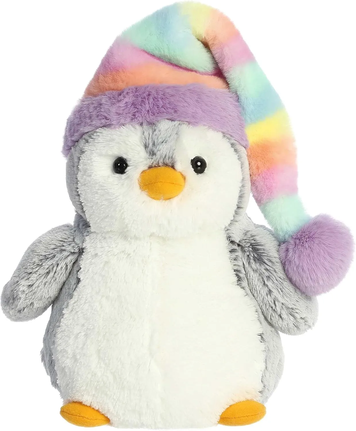 Aurora® Festive Pompom Penguin™ Pom Pom Rainbow Hat™ Stuffed Animal - Vibrant Companions - Endless Fun - Gray 9 Inches