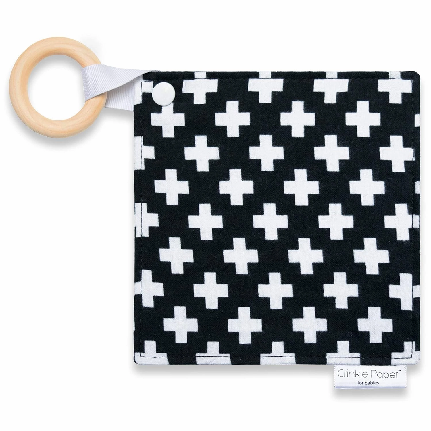 Baby Crinkle Paper Toy – Eco-Friendly Cotton Sensory Teether with Beech Wood Ring – BPA-Free, Montessori Infant Toy