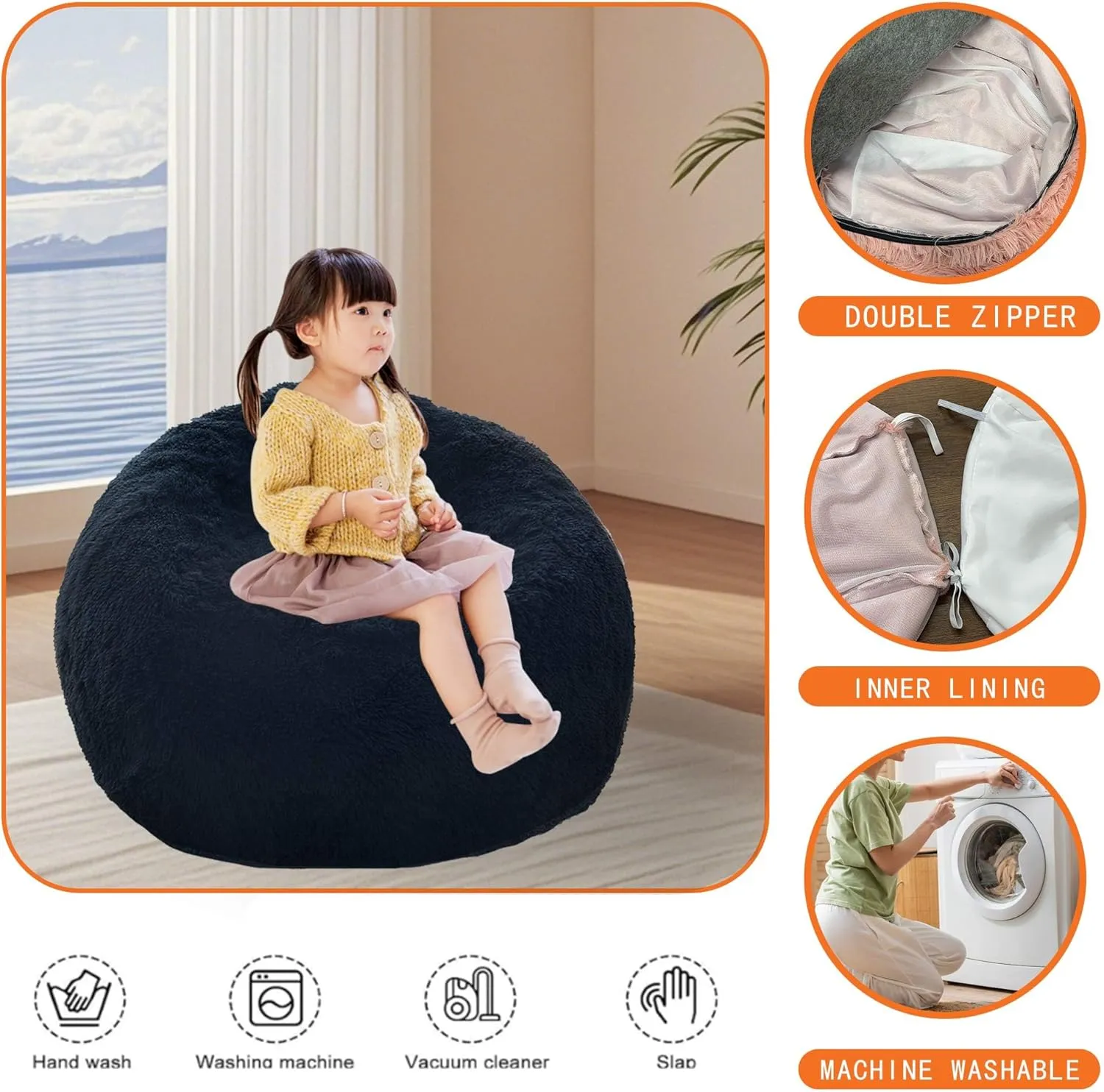 BCU Bean Bag Chair Cover Ultra Soft Fluffy Faux Fur Beanbag Cover Plush Living Room Chairs Cover for Adults and Kids, Black