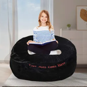 Bean Bag Chair for Adults Kids No Filler Soft Oversized Round Big Beanbag Chair Lazy Sofa Reading Chair Cover with Words Embroidered, 5FT, Black