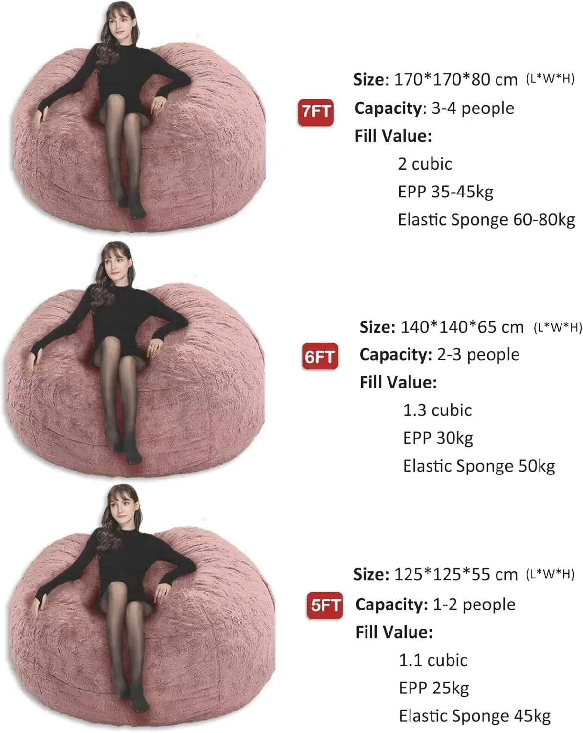 Bean Bag Chair for Adults Kids No Filler Soft Oversized Round Giant Beanbag Chair Lazy Sofa Reading Chair Cover, 5FT, Black