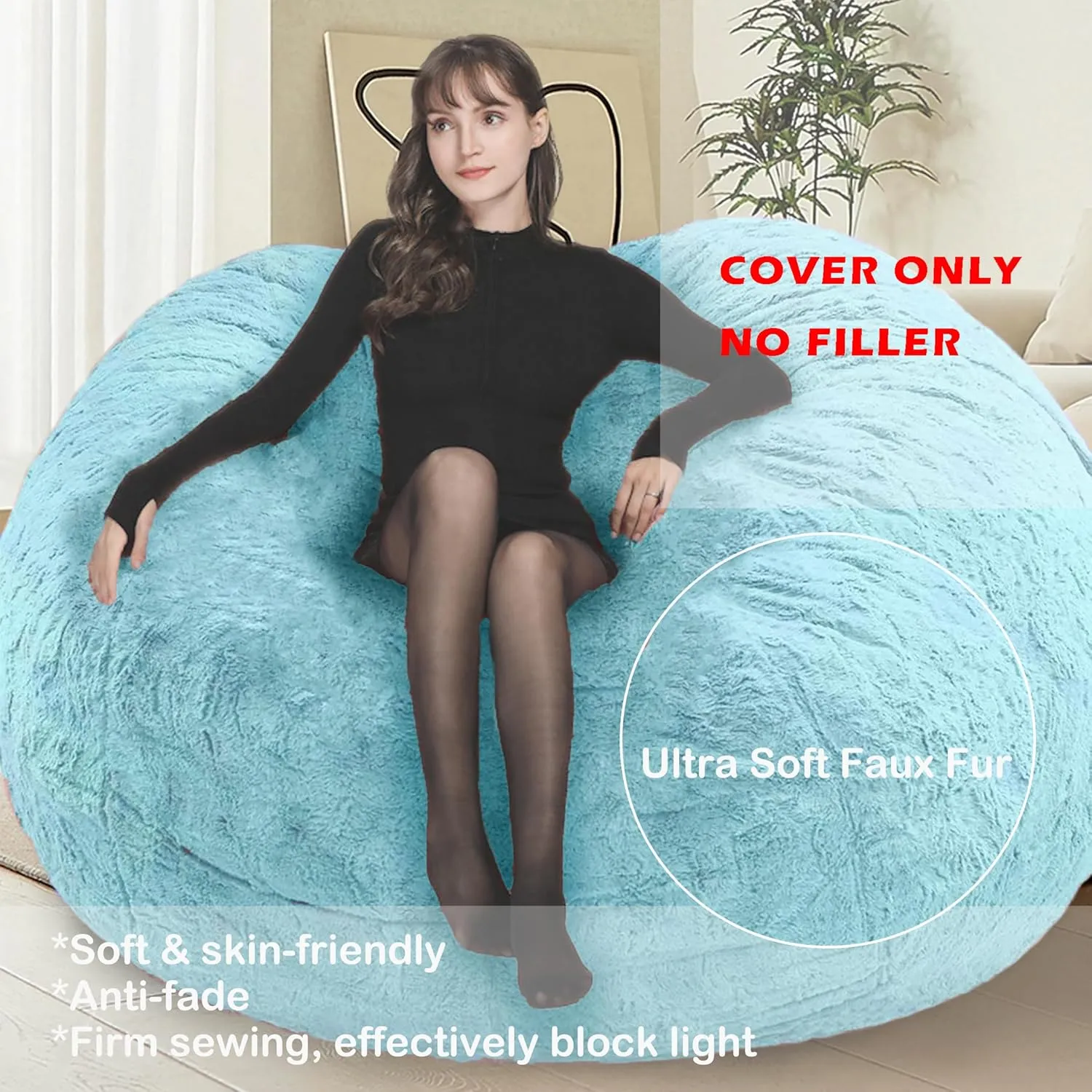 Bean Bag Chair for Adults Kids No Filling Soft Oversized Round Bean Bag Couch Lazy Sofa Cover Love Sack for Bedroom Reading Chair, 5FT, Blue Green