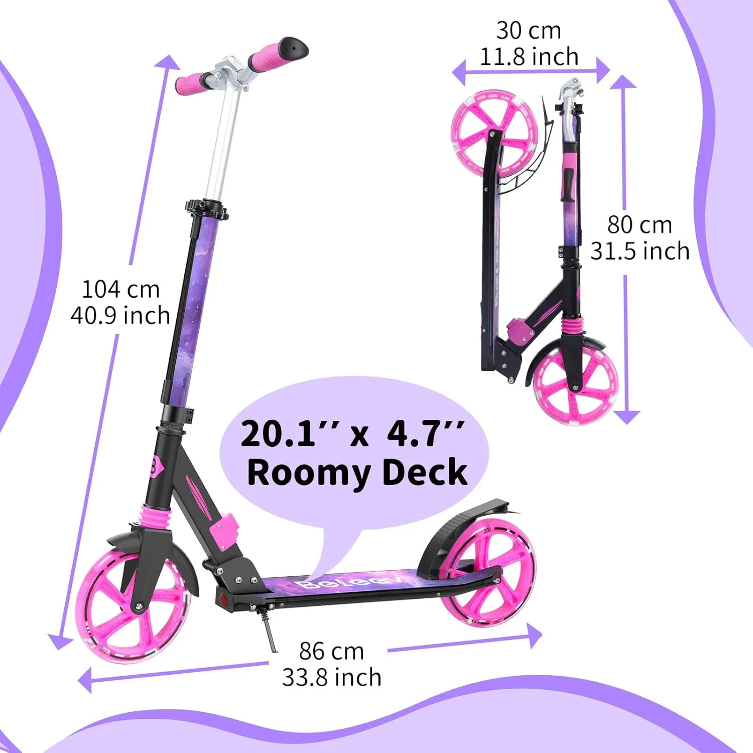BELEEV V8 Scooters for Kids Ages 6  with Light-Up Deck, 2 Wheel Folding Scooter for Adults Teens, 4 Adjustable Height, Lightweight Sport Commuter Scooter, Sturdy Frame, Max Load 220 lbs