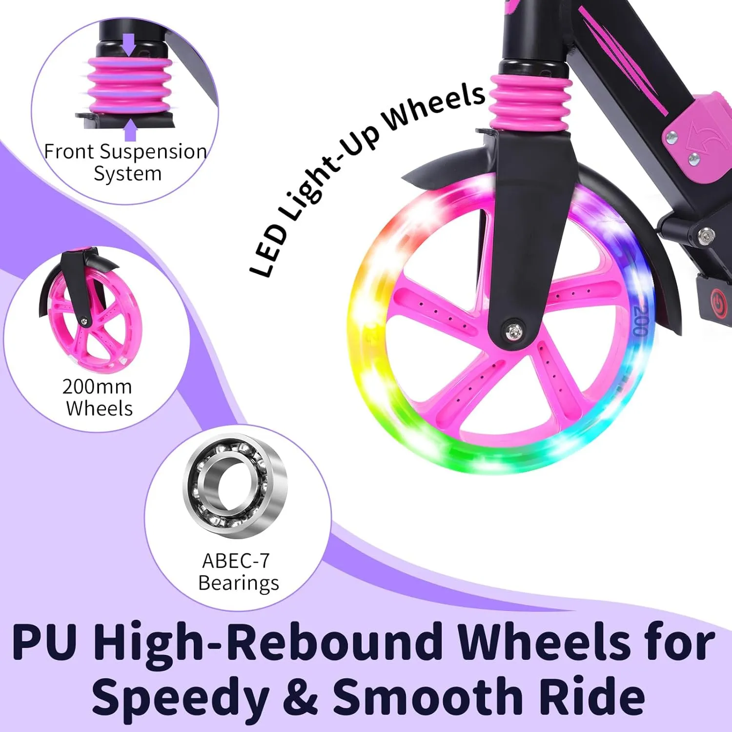 BELEEV V8 Scooters for Kids Ages 6  with Light-Up Deck, 2 Wheel Folding Scooter for Adults Teens, 4 Adjustable Height, Lightweight Sport Commuter Scooter, Sturdy Frame, Max Load 220 lbs