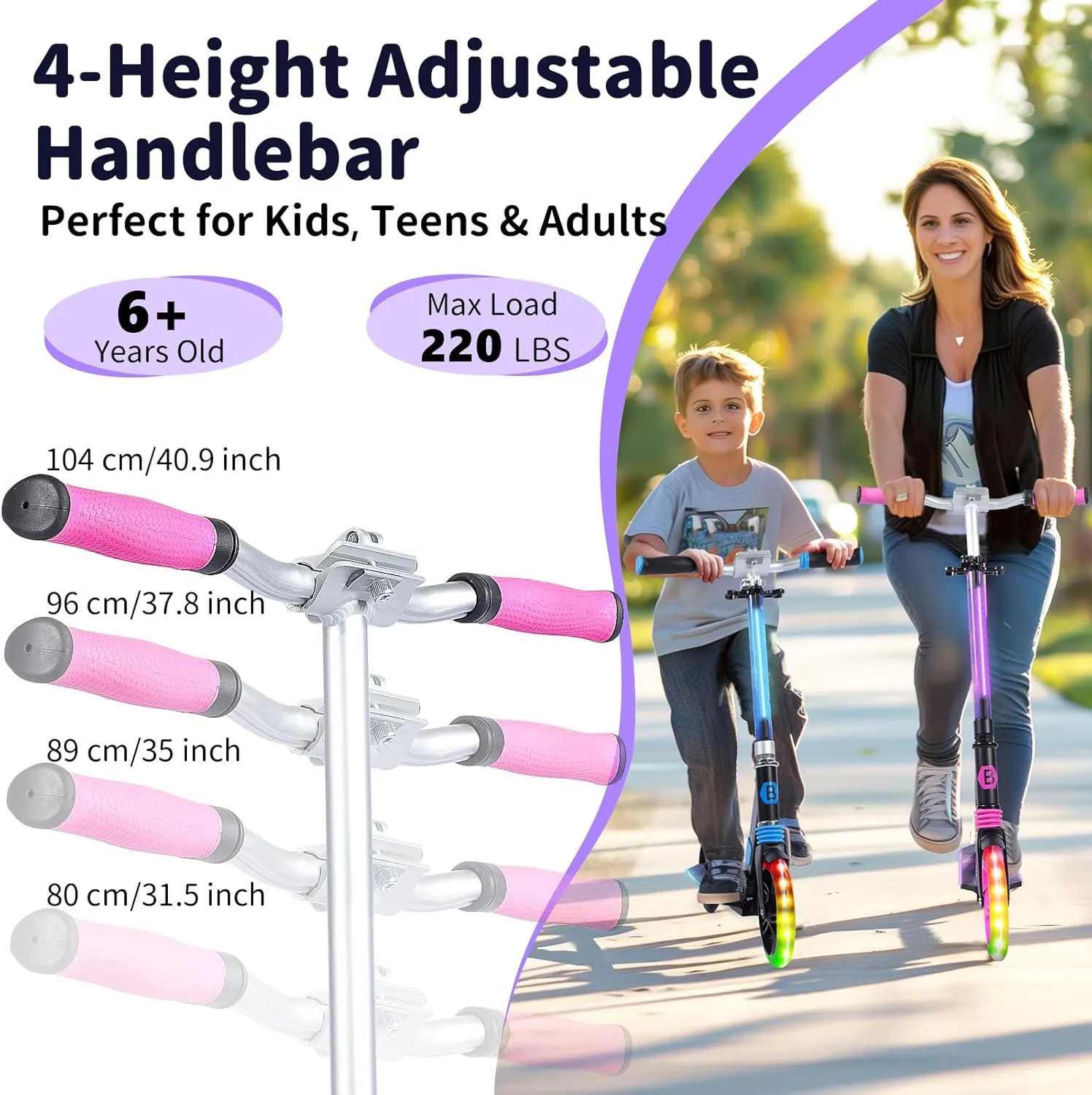 BELEEV V8 Scooters for Kids Ages 6  with Light-Up Deck, 2 Wheel Folding Scooter for Adults Teens, 4 Adjustable Height, Lightweight Sport Commuter Scooter, Sturdy Frame, Max Load 220 lbs