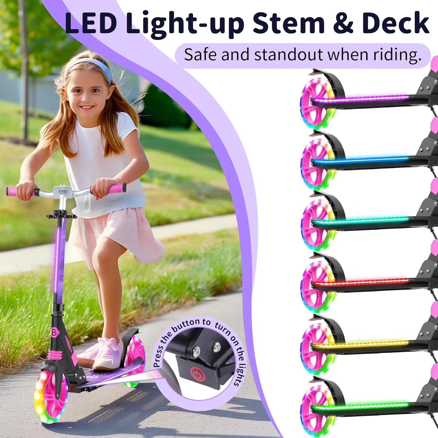 BELEEV V8 Scooters for Kids Ages 6  with Light-Up Deck, 2 Wheel Folding Scooter for Adults Teens, 4 Adjustable Height, Lightweight Sport Commuter Scooter, Sturdy Frame, Max Load 220 lbs
